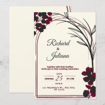 white wedding invitation with burgundy flowers