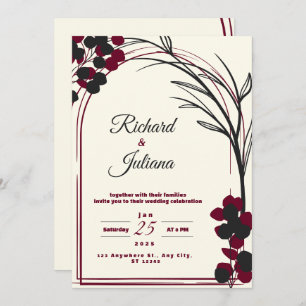 white wedding invitation with burgundy flowers