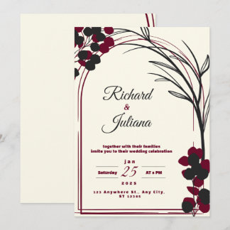 white wedding invitation with burgundy flowers