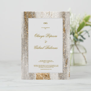 White Wedding Invitation with Gold Brush Strokes