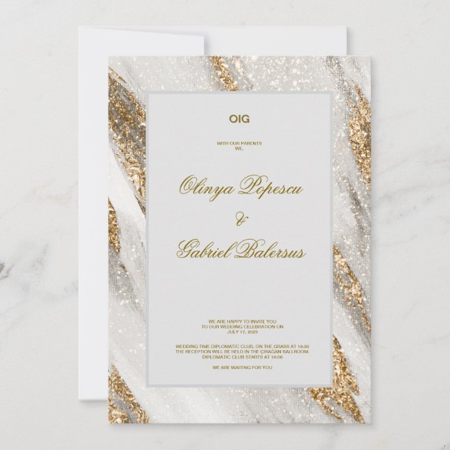 White Wedding Invitation with Gold Brush Strokes (Front)
