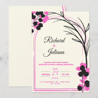 white wedding invitation with Pink flowers