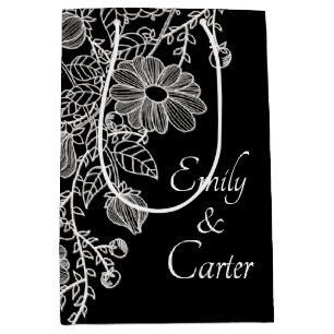 White Wedding Lace On Black Medium Gift Bag