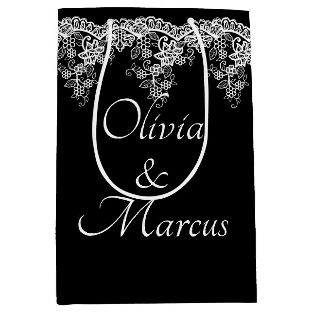 White Wedding Lace On Black Medium Gift Bag (Front)