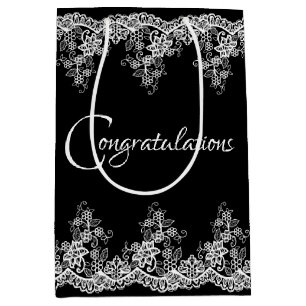 White Wedding Lace On Black Medium Gift Bag
