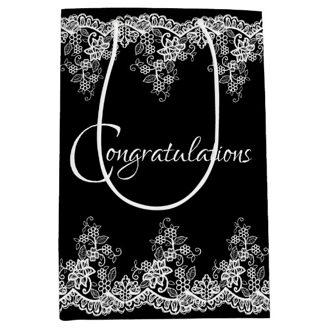 White Wedding Lace On Black Medium Gift Bag (Front)