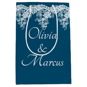White Wedding Lace On Blue Medium Gift Bag