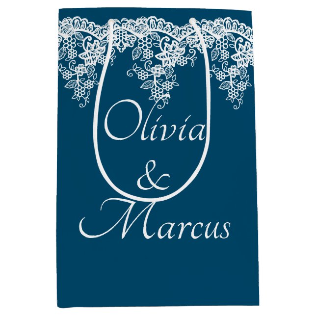 White Wedding Lace On Blue Medium Gift Bag (Front)