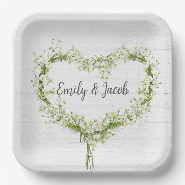 White Wedding Lily Heart on Wood   Paper Plate (Front)