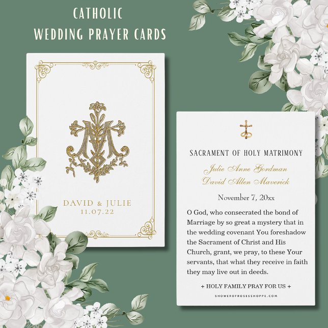 White Wedding Marian Cross Holy Card (Traditional Catholic Wedding Prayer Cards with easy personalization)