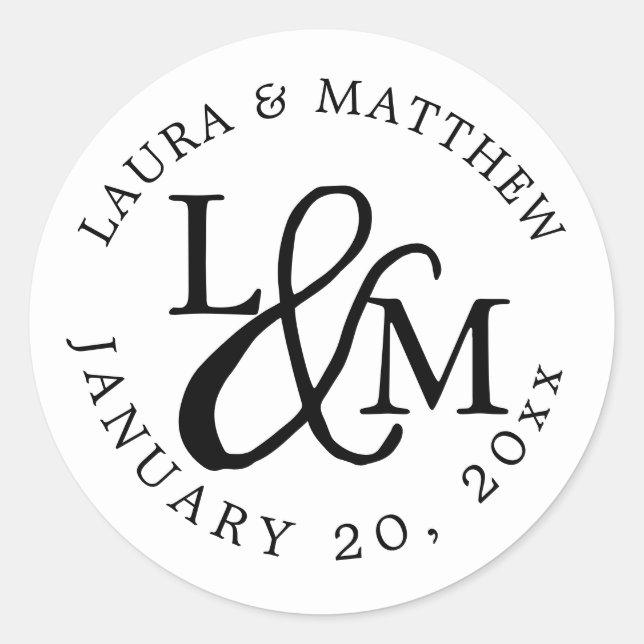 White Wedding Monogram Classic Round Sticker (Front)