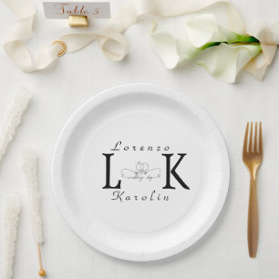 White Wedding Monogram Simple Elegant Minimalist Paper Plate