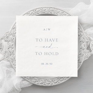 White Wedding Napkin with Dusty Blue Text