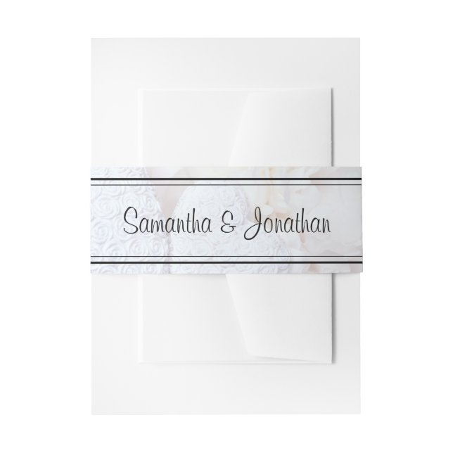 White Wedding Reflecting Hearts & Peony Flowers Invitation Belly Band (Front Example)