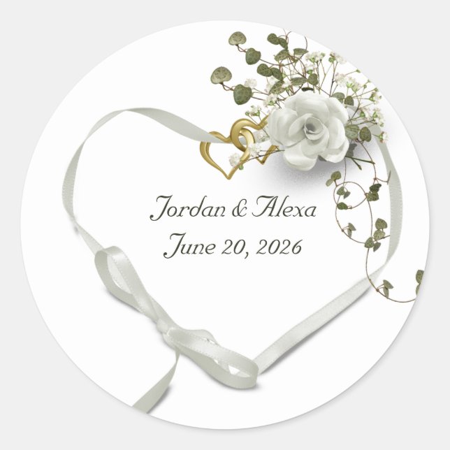 white wedding ribbon heart with rings classic round sticker (Front)
