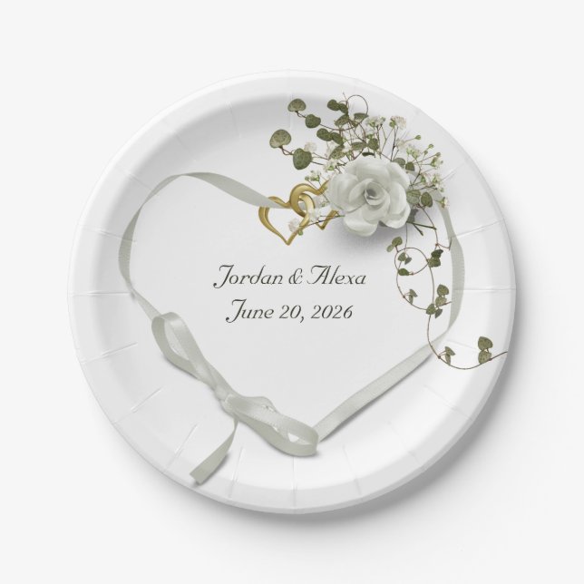white wedding ribbon heart with rose paper plate (Front)