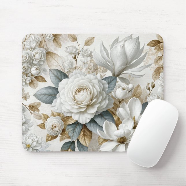 White Wedding Rose Design Mouse Mat (With Mouse)