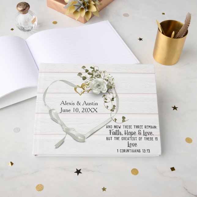 White Wedding Rose Scripture Verse Guest Book (Front Open)