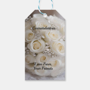 White Wedding Rose Topiary Ball With Sparkle, Gift Tags