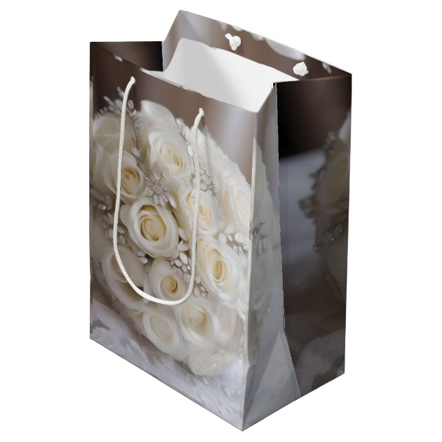 White Wedding Rose Topiary Ball With Sparkle,  Medium Gift Bag (Front Angled)