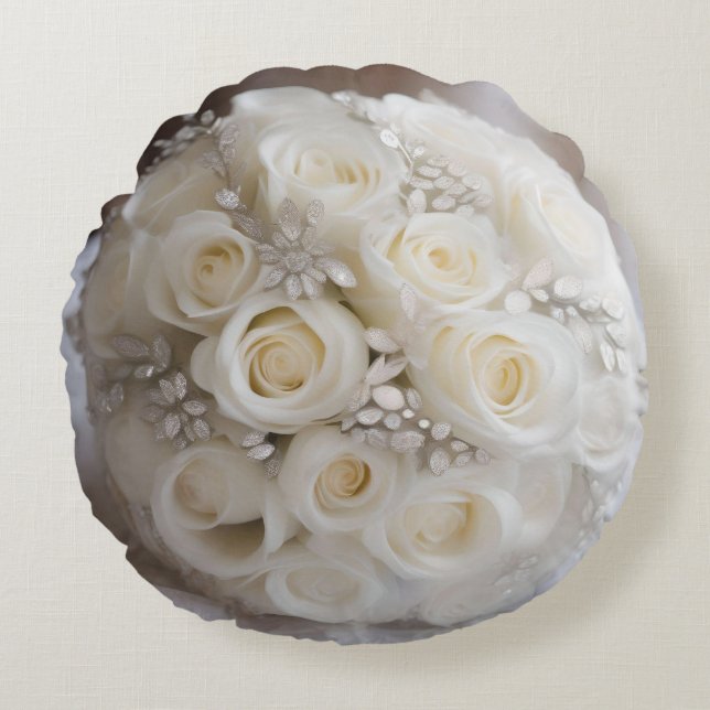 White Wedding Rose Topiary Ball With Sparkle,  Round Cushion (Front)