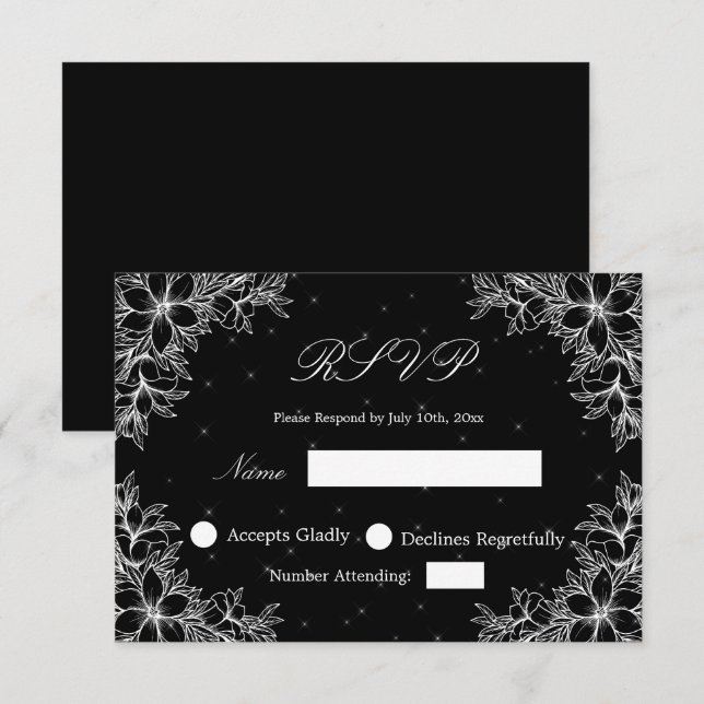 White Wedding RSVP with Ornate Floral graphics Card (Front/Back)
