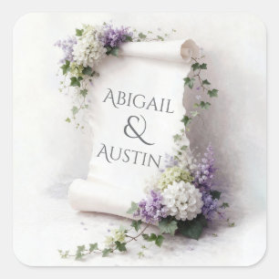 White Wedding Scroll with Floral Border Square Sticker