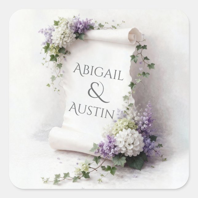 White Wedding Scroll with Floral Border  Square Sticker (Front)