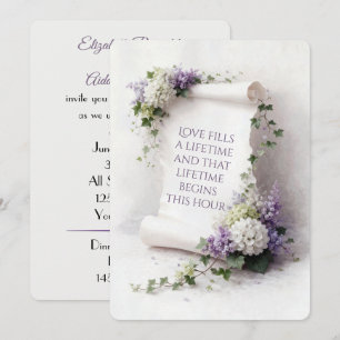 White Wedding Scroll with Lilacs and Hydrangeas Invitation
