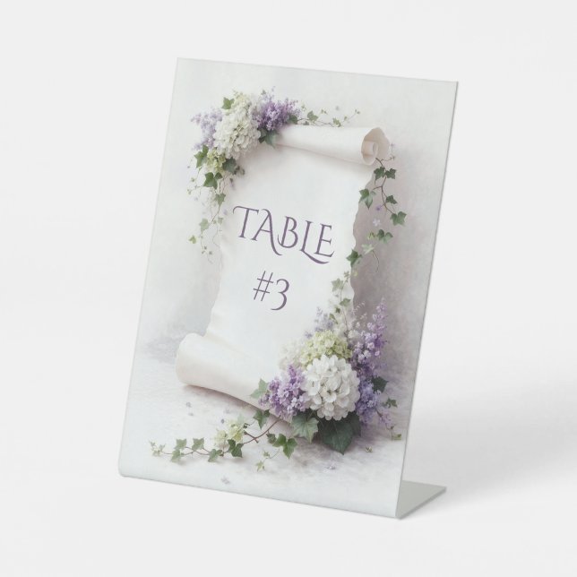 White Wedding Scroll with Lilacs and Hydrangeas Pedestal Sign (Front)