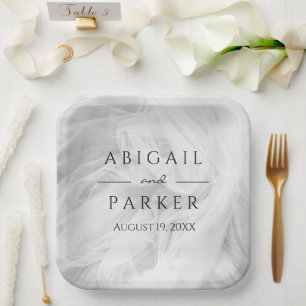 White Wedding Tulle with Newlywed Names Paper Plate