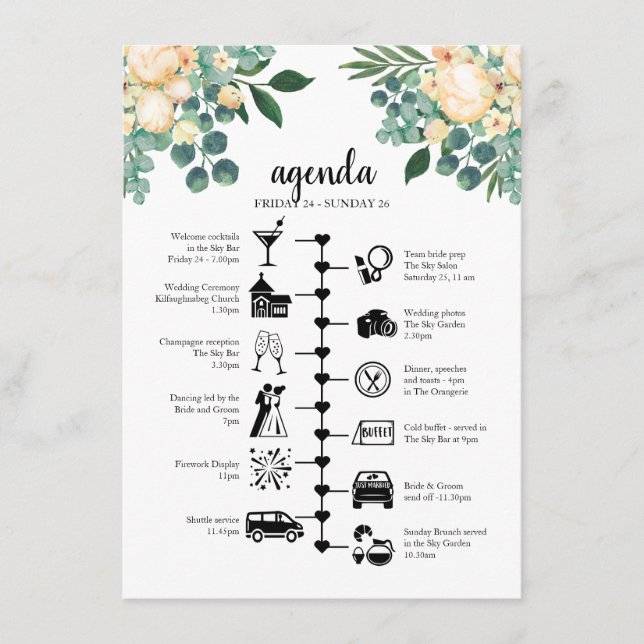 White wedding weekend timeline, guest agenda advice card (Front)