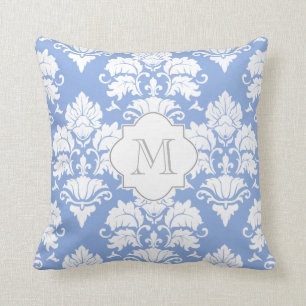 White & Wedgewood Blue Damask Monogrammed Pillow