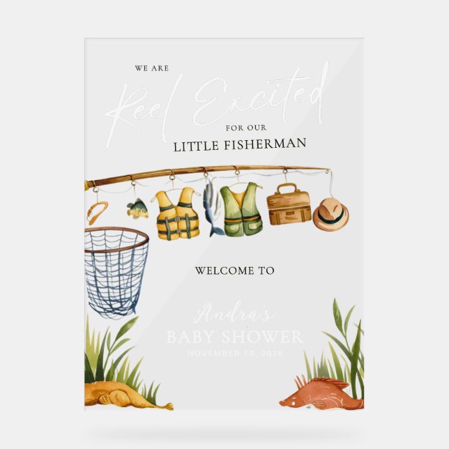 White Welcome to our Reel Excited Fisherman Baby  Acrylic Sign (Front)