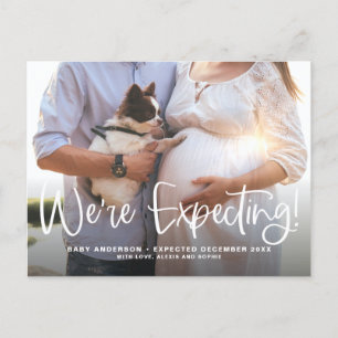 White We're Expecting Modern Calligraphy Pregnancy Announcement Postcard