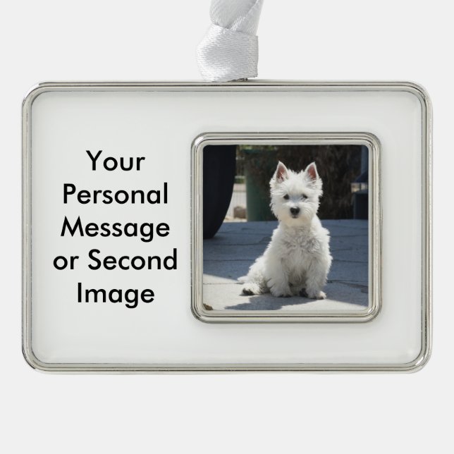 White West Highland Terrier Sitting on Sidewalk Silver Plated Framed Ornament (Front)