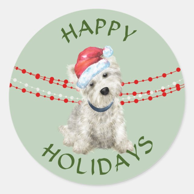 White Westie Santa Hat Happy Holidays Classic Round Sticker (Front)