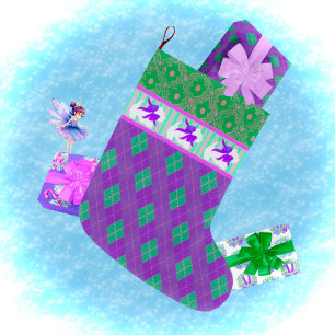  White Westie Terrier Pink Purple Green Christmas Large Christmas Stocking