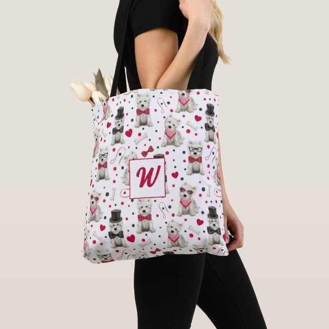 White Westie with Accessories Monogram Tote Bag (Close Up)