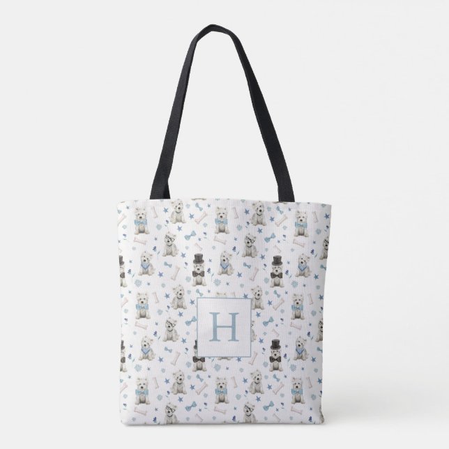 White Westie with Accessories Monogram Tote Bag (Back)