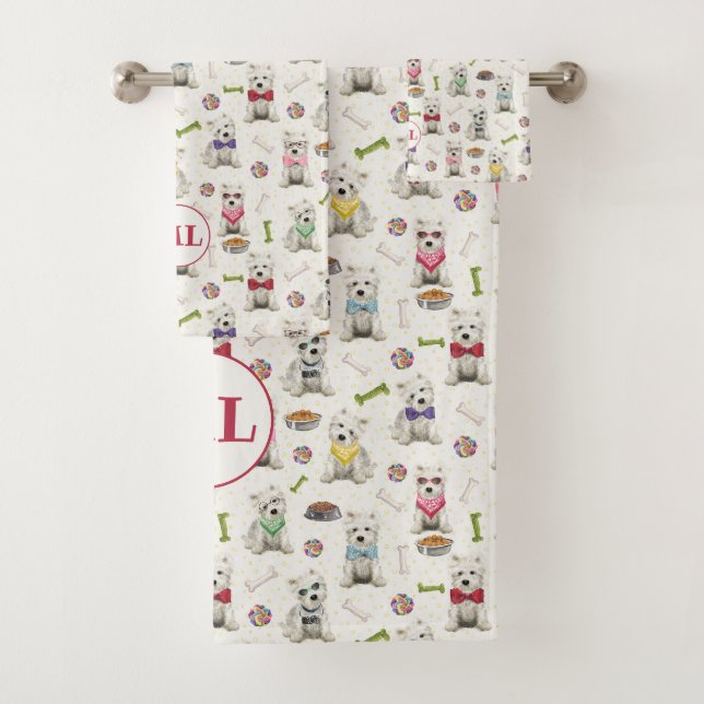 White Westies with Accessories Whimsical Monogram Bath Towel Set (Insitu)
