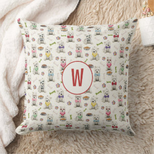 White Westies with Accessories Whimsical Monogram Cushion