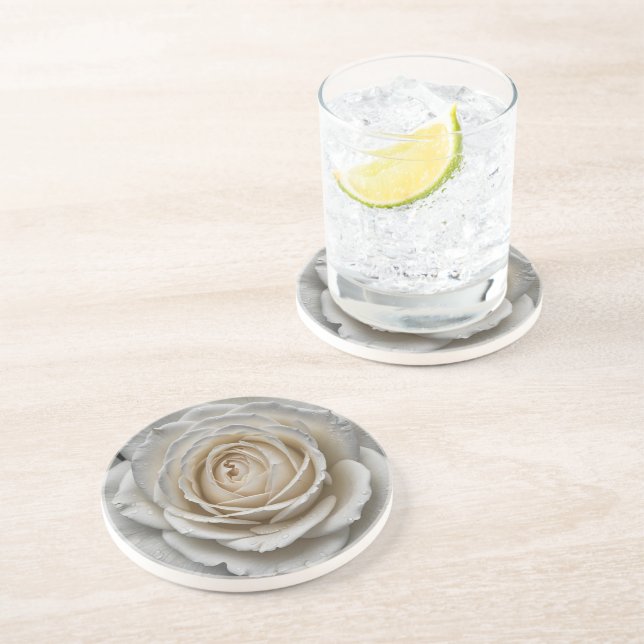 White wet rose close up design coaster (Side)