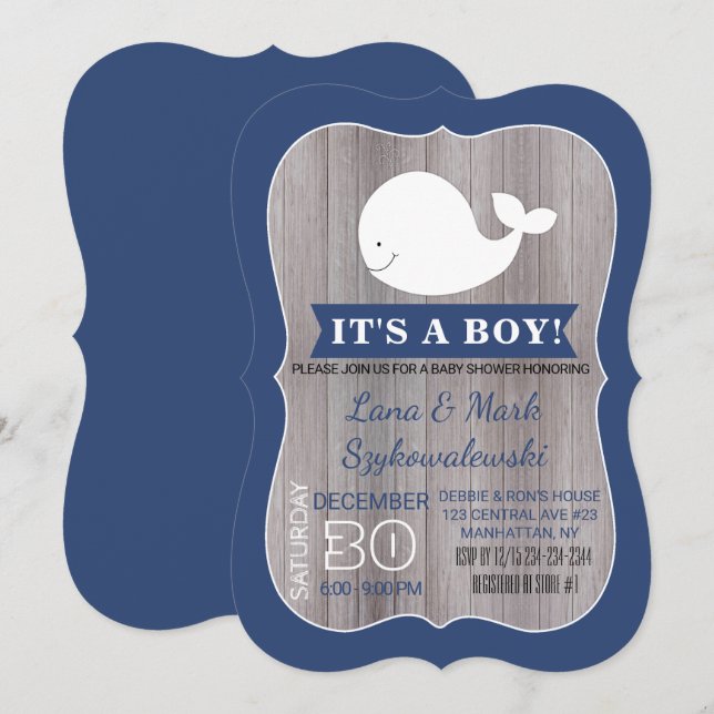 White Whale Ahoy Navy Blue Rustic Shower Invite (Front/Back)