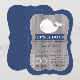 White Whale Ahoy Navy Blue Rustic Shower Invite