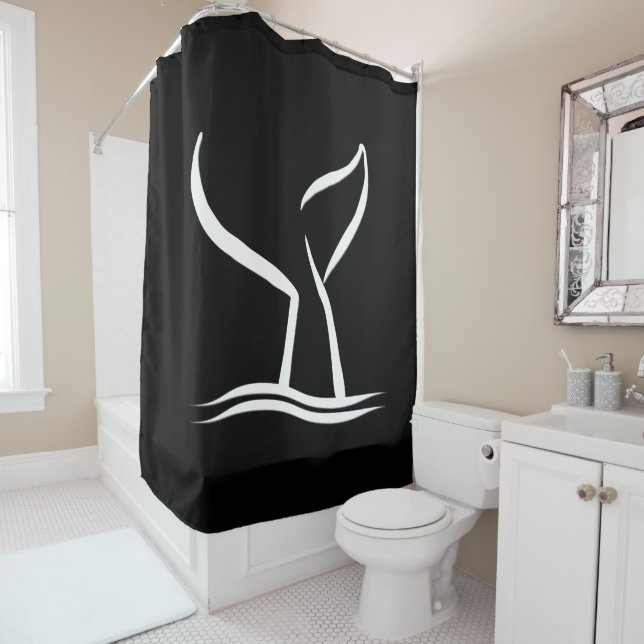 White Whale Tail Black Shower Curtain (In Situ)