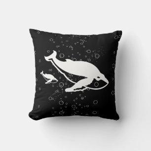 white whales and buble on  black pillow