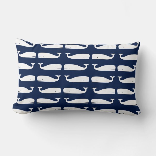 White Whales on Navy Blue Nautical Lumbar Pillow (Front)