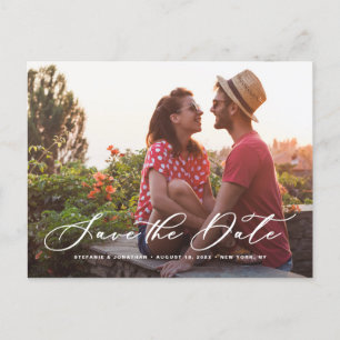 White Whimsical Calligraphy Photo Save the Date Announcement Postcard