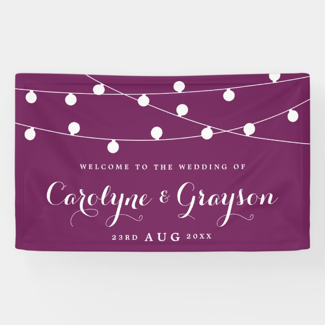 White Whimsical Fairy Lights Purple Wedding Banner (Horizontal)